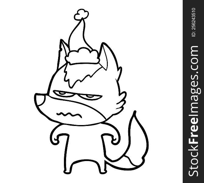 Line Drawing Of A Annoyed Wolf Wearing Santa Hat