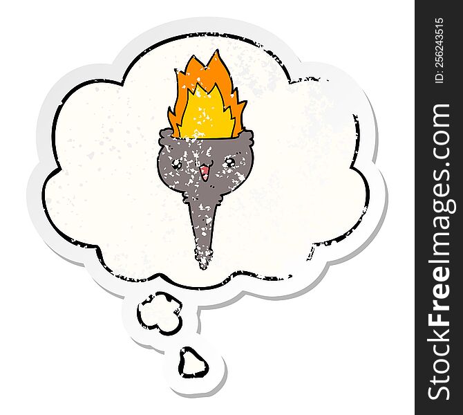 cartoon flaming chalice with thought bubble as a distressed worn sticker