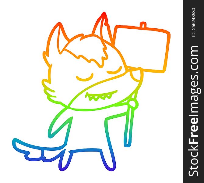 rainbow gradient line drawing of a friendly cartoon wolf with blank sign