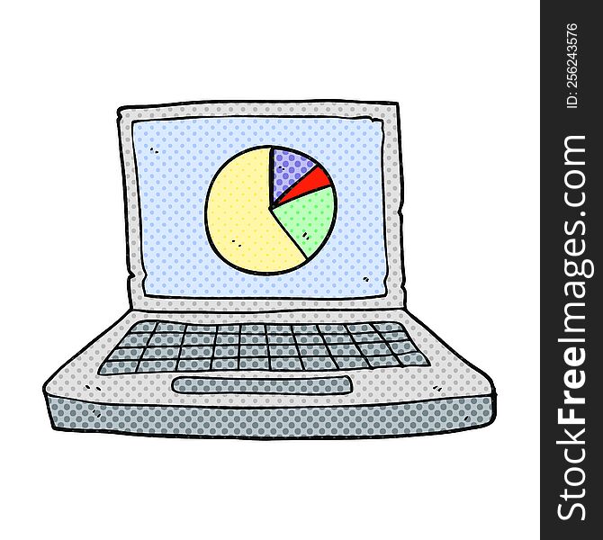 freehand drawn cartoon laptop computer with pie chart