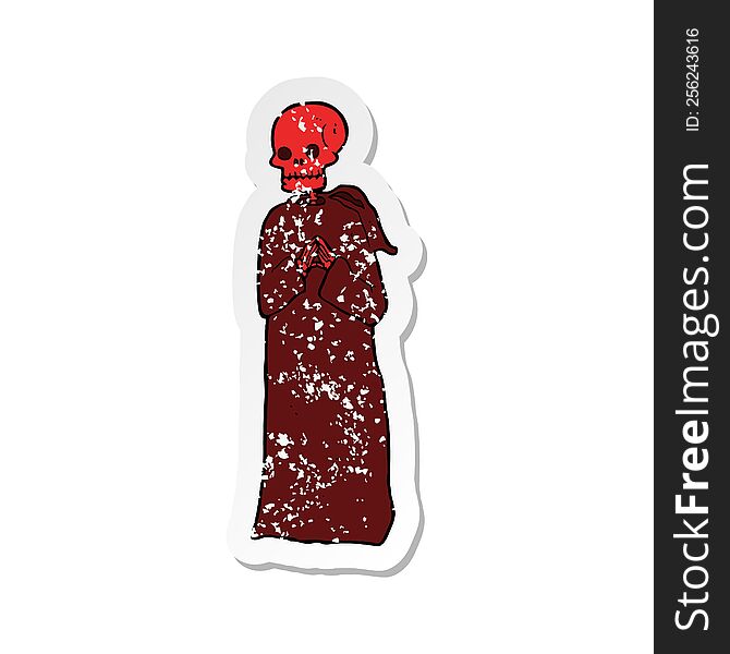 retro distressed sticker of a cartoon spooky skeleton in robe