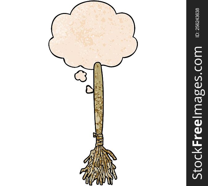 cartoon magic broom with thought bubble in grunge texture style. cartoon magic broom with thought bubble in grunge texture style