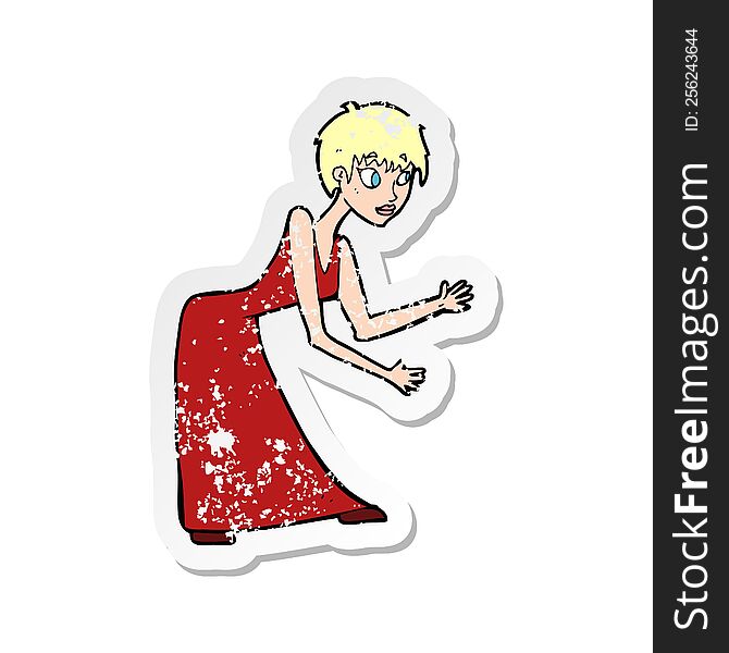 Retro Distressed Sticker Of A Cartoon Woman In Dress Gesturing