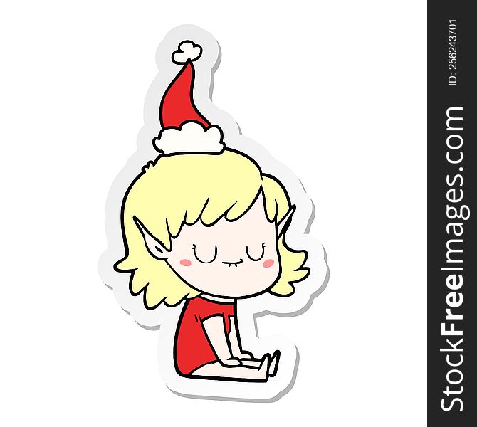 happy hand drawn sticker cartoon of a elf girl wearing santa hat. happy hand drawn sticker cartoon of a elf girl wearing santa hat