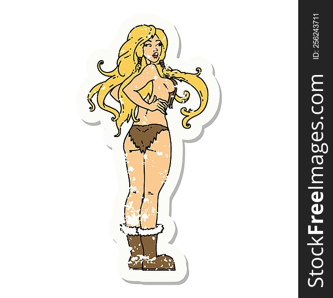 distressed sticker tattoo in traditional style of a pinup viking girl. distressed sticker tattoo in traditional style of a pinup viking girl