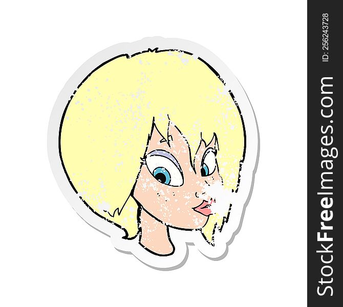 retro distressed sticker of a cartoon pretty female face pouting