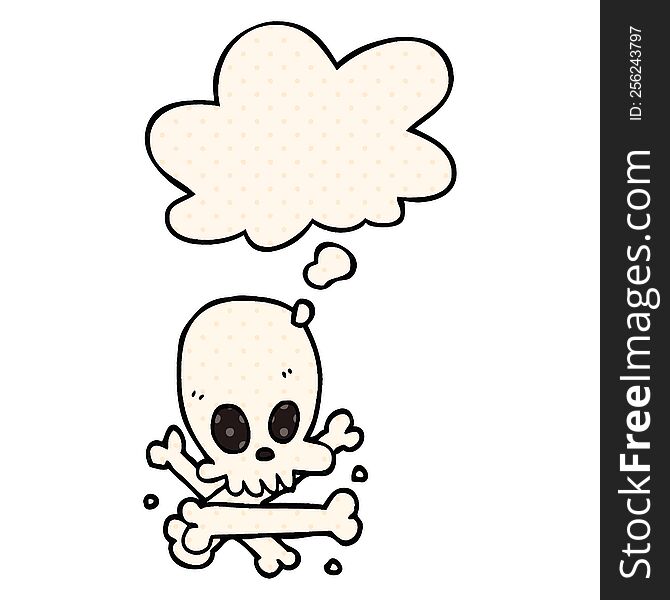 cartoon skull and bones with thought bubble in comic book style