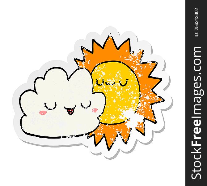 Distressed Sticker Of A Cartoon Sun And Cloud