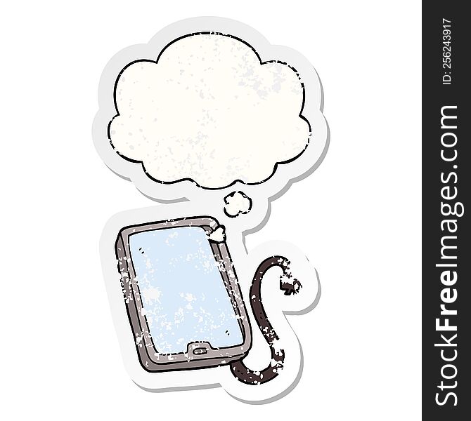 cartoon computer tablet with thought bubble as a distressed worn sticker