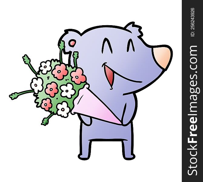 laughing bear cartoon with flowers. laughing bear cartoon with flowers