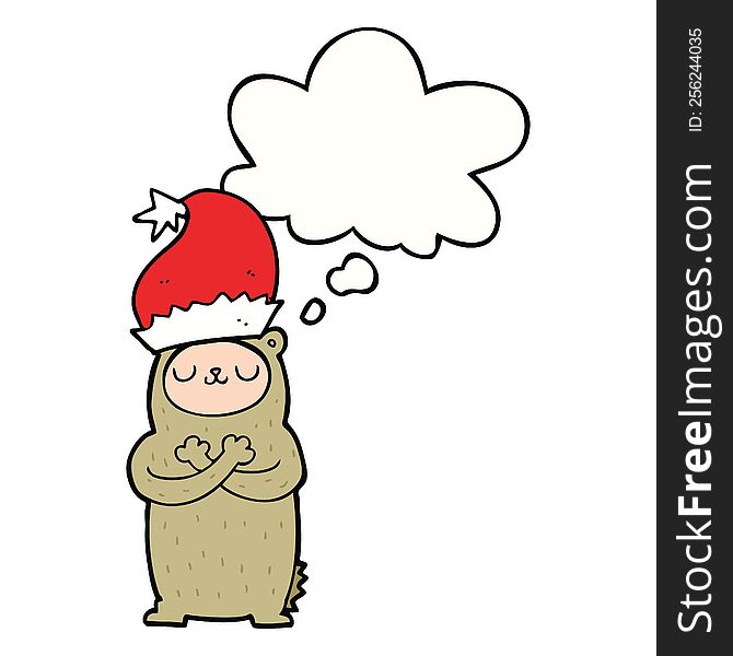 cartoon bear wearing christmas hat with thought bubble
