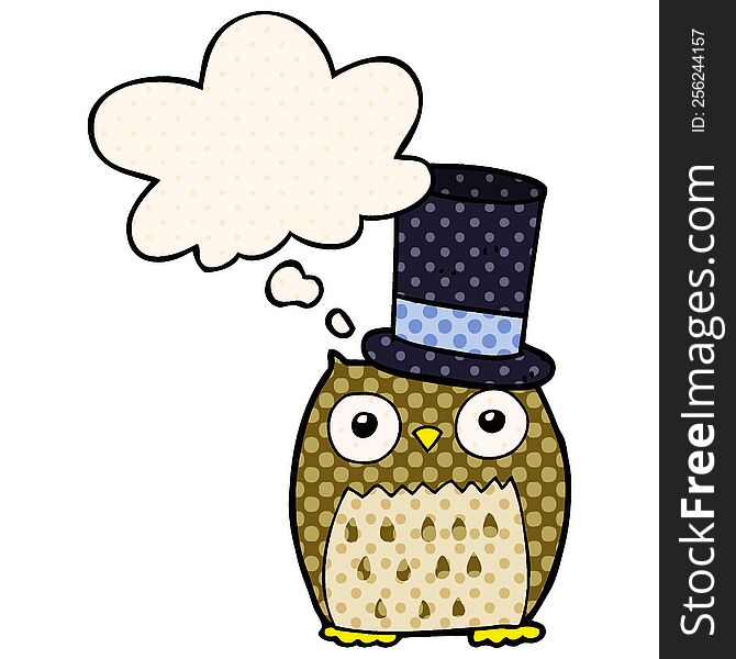 cartoon owl wearing top hat with thought bubble in comic book style