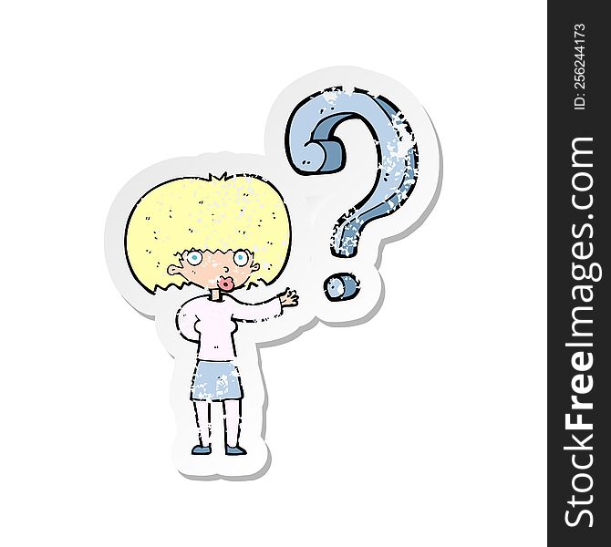 Retro Distressed Sticker Of A Cartoon Woman With Question