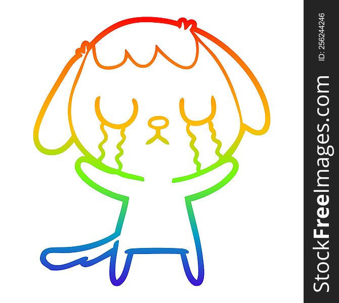 rainbow gradient line drawing of a cute cartoon dog crying