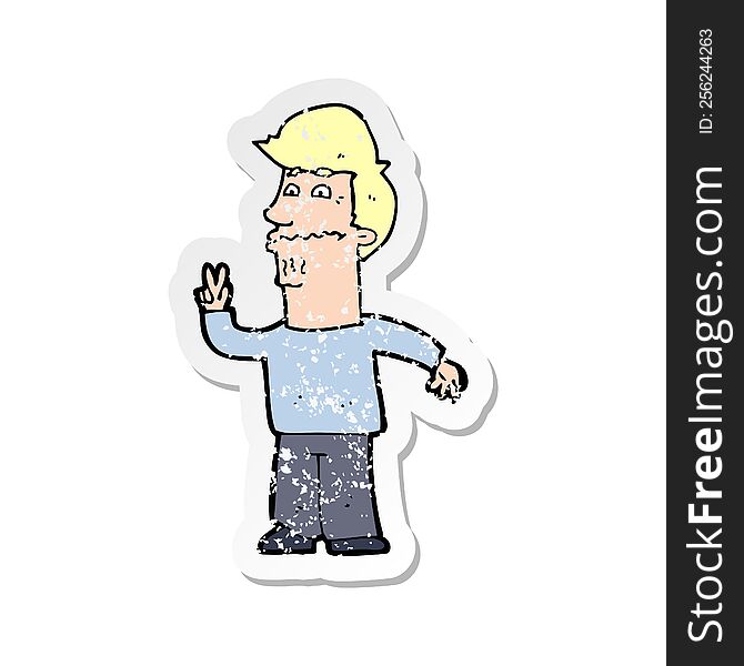 retro distressed sticker of a cartoon man giving peace sign