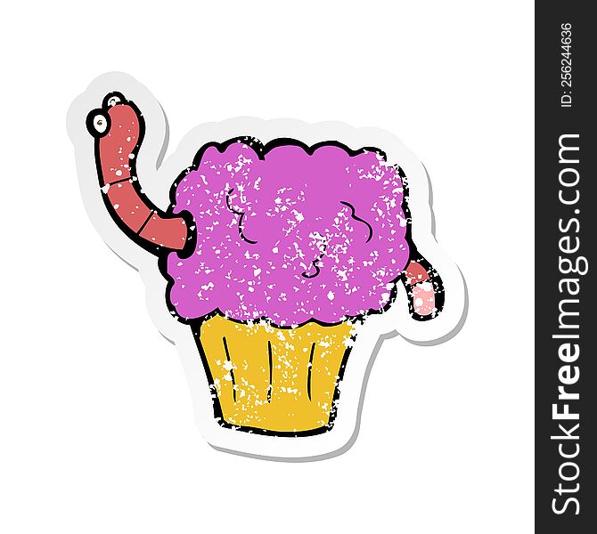 Retro Distressed Sticker Of A Cartoon Worm In Cupcake