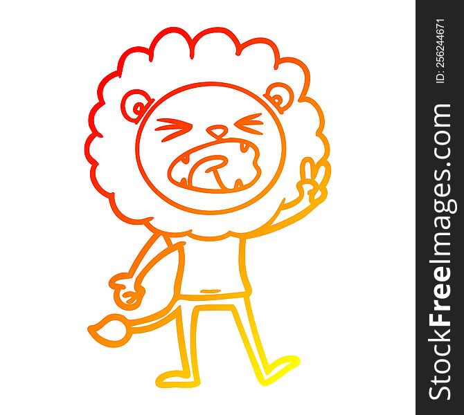 Warm Gradient Line Drawing Cartoon Lion Giving Peac Sign