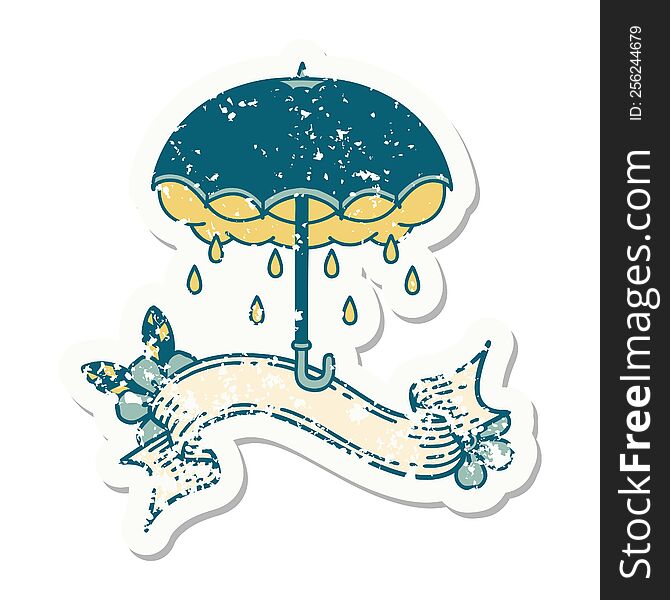 grunge sticker with banner of an umbrella and storm cloud