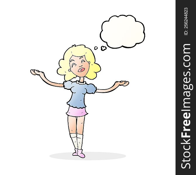 cartoon woman taking praise with thought bubble