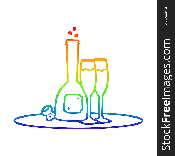 rainbow gradient line drawing of a cartoon champagne on tray