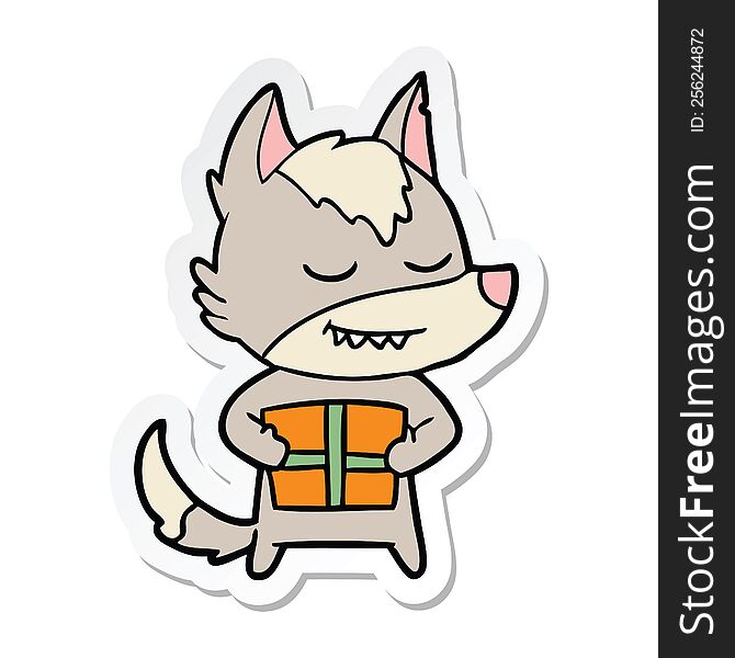 Sticker Of A Friendly Cartoon Wolf Carrying Christmas Present