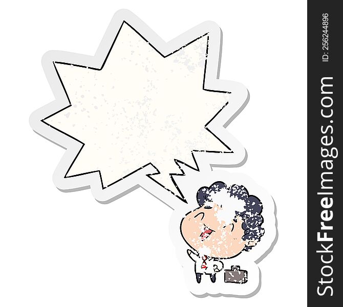 Cute Cartoon Businessman And Speech Bubble Distressed Sticker