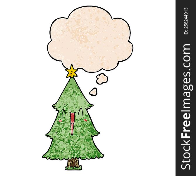 cartoon christmas tree with thought bubble in grunge texture style. cartoon christmas tree with thought bubble in grunge texture style