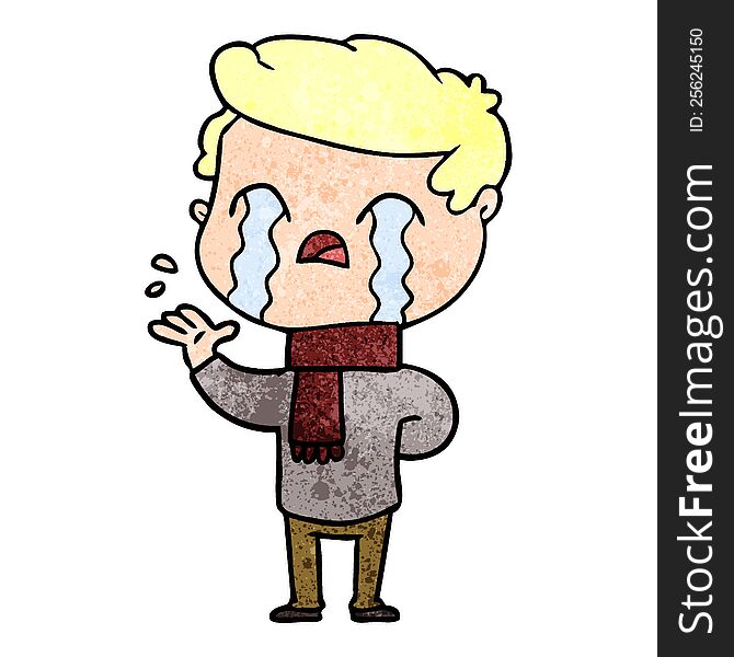 cartoon man crying wearing winter scarf. cartoon man crying wearing winter scarf