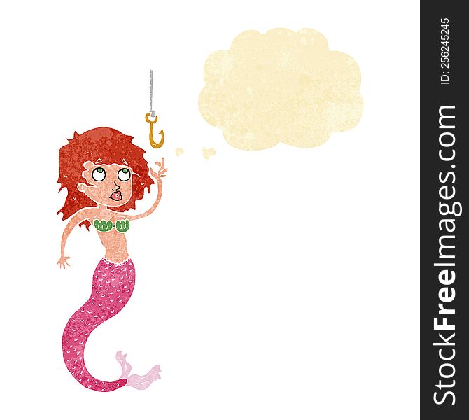 cartoon mermaid and fish hook with thought bubble