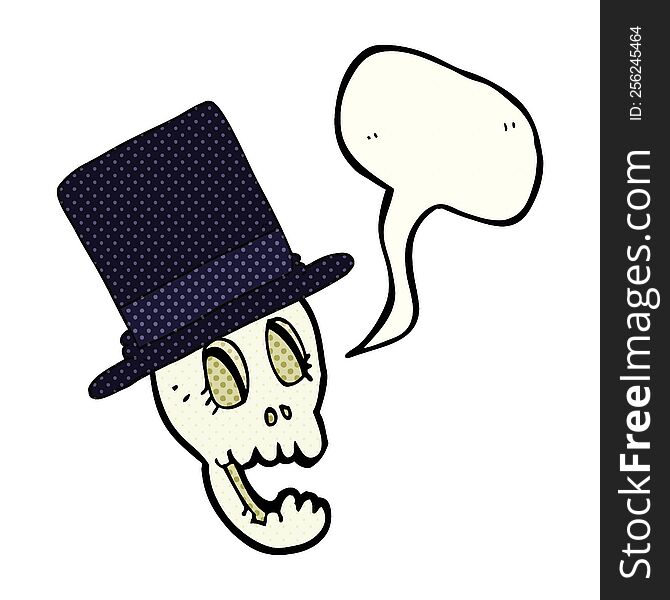 freehand drawn comic book speech bubble cartoon skull wearing top hat