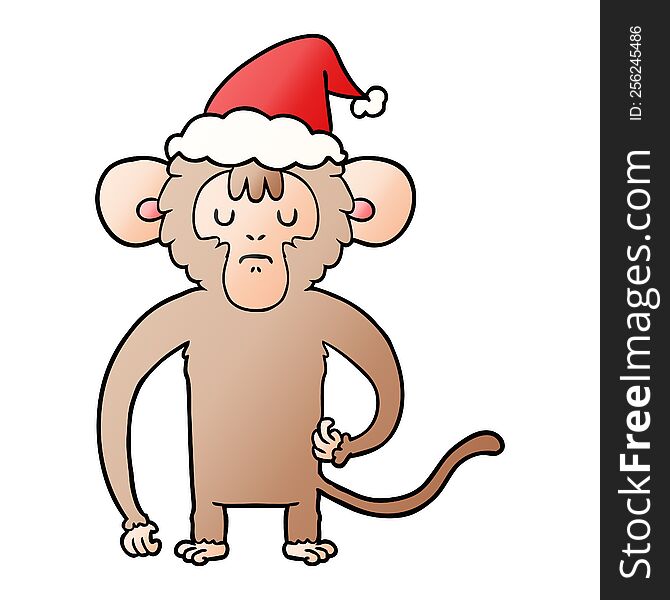 Gradient Cartoon Of A Monkey Scratching Wearing Santa Hat