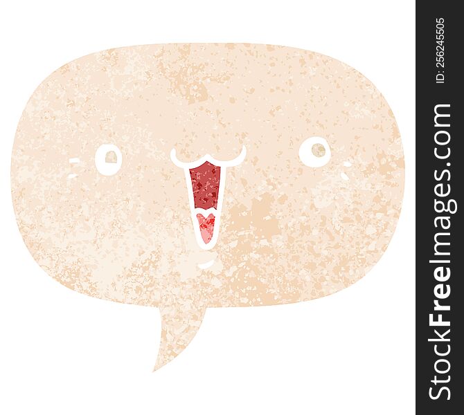 Cute Cartoon Face And Speech Bubble In Retro Textured Style