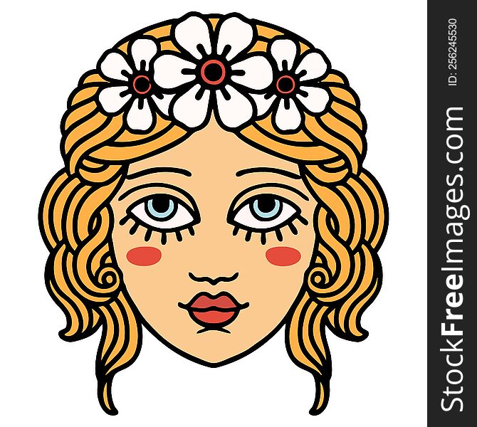 tattoo in traditional style of female face with crown of flowers. tattoo in traditional style of female face with crown of flowers