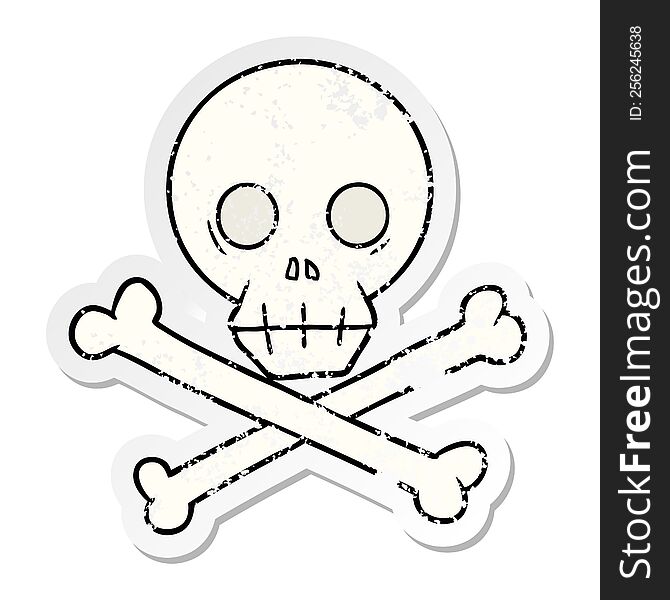 Distressed Sticker Of A Cartoon Skull And Crossbones