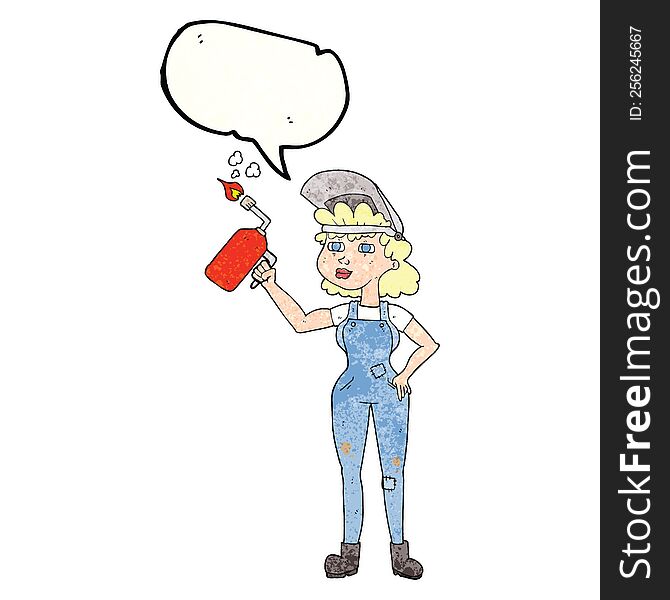Speech Bubble Textured Cartoon Woman Welding
