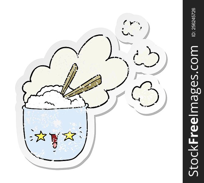 Distressed Sticker Of A Cute Cartoon Hot Rice Bowl