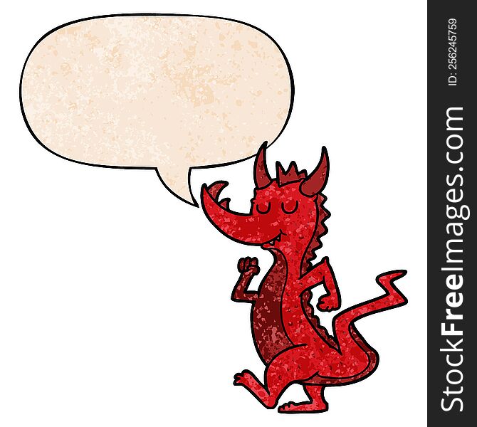 cartoon cute dragon with speech bubble in retro texture style