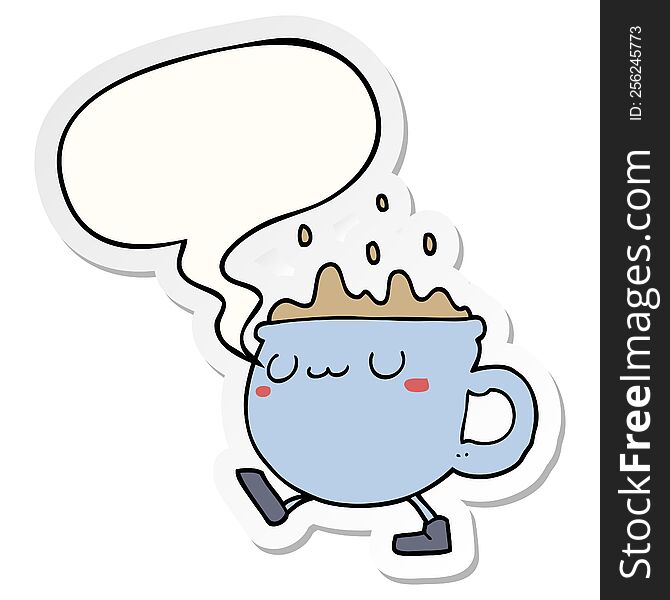 Cartoon Coffee Cup Walking And Speech Bubble Sticker