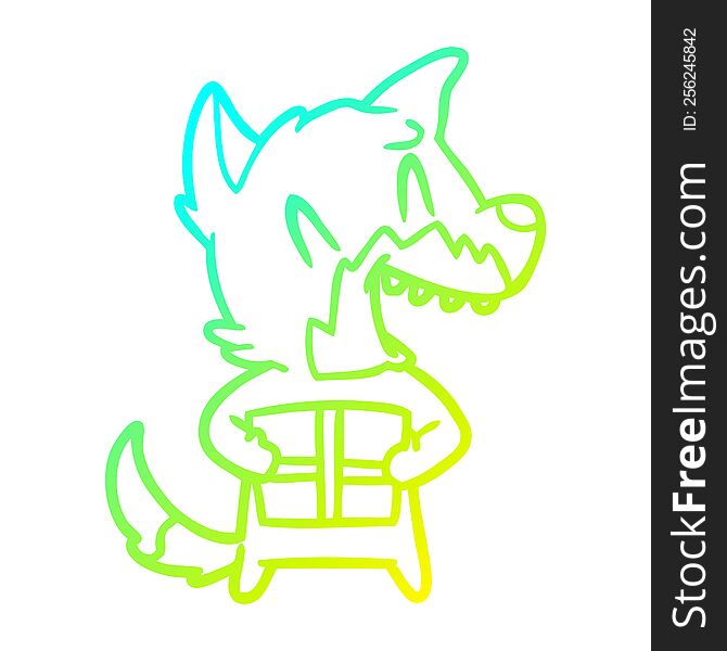 cold gradient line drawing of a laughing christmas fox cartoon