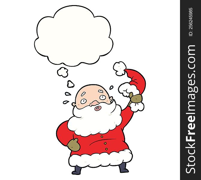 cartoon santa claus waving hat with thought bubble