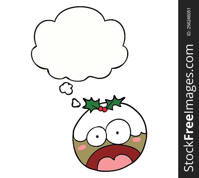cartoon shocked chrstmas pudding with thought bubble
