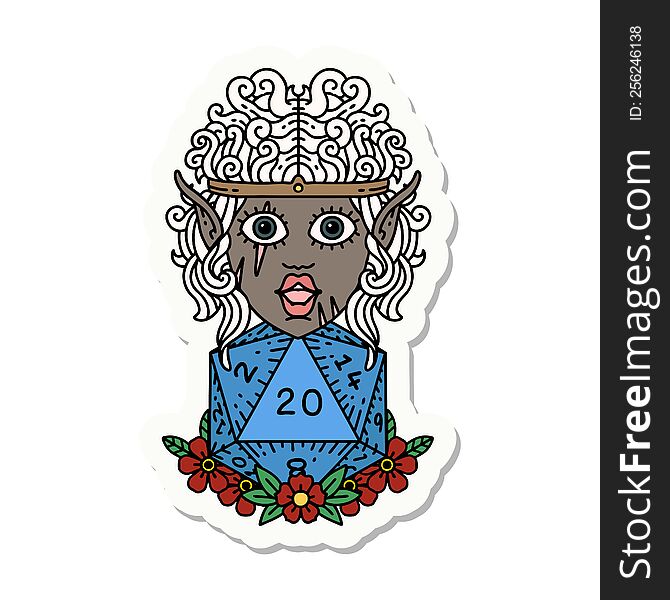 sticker of a elf barbarian character with natural twenty dice roll. sticker of a elf barbarian character with natural twenty dice roll