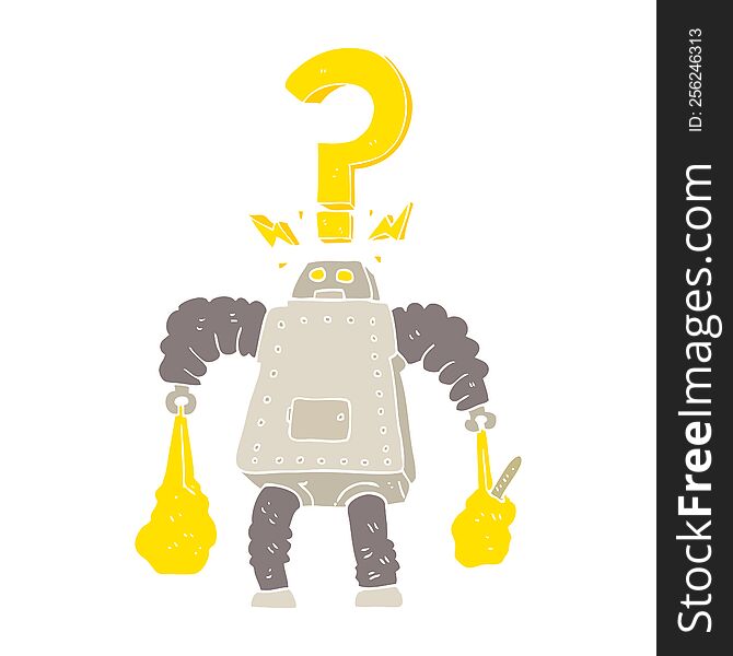 flat color illustration of a cartoon confused robot carrying shopping