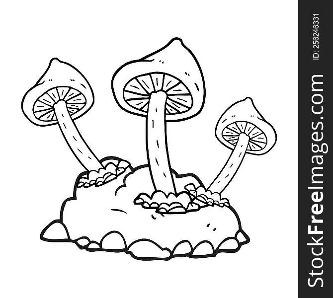 freehand drawn black and white cartoon mushrooms growing