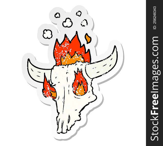 distressed sticker of a spooky flaming animals skull cartoon