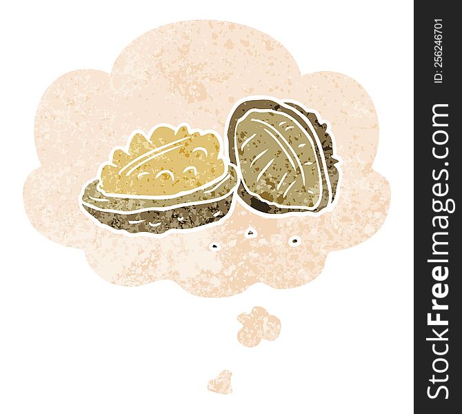 cartoon walnuts and thought bubble in retro textured style