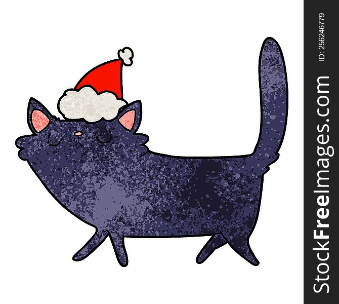 Textured Cartoon Of A Black Cat Wearing Santa Hat