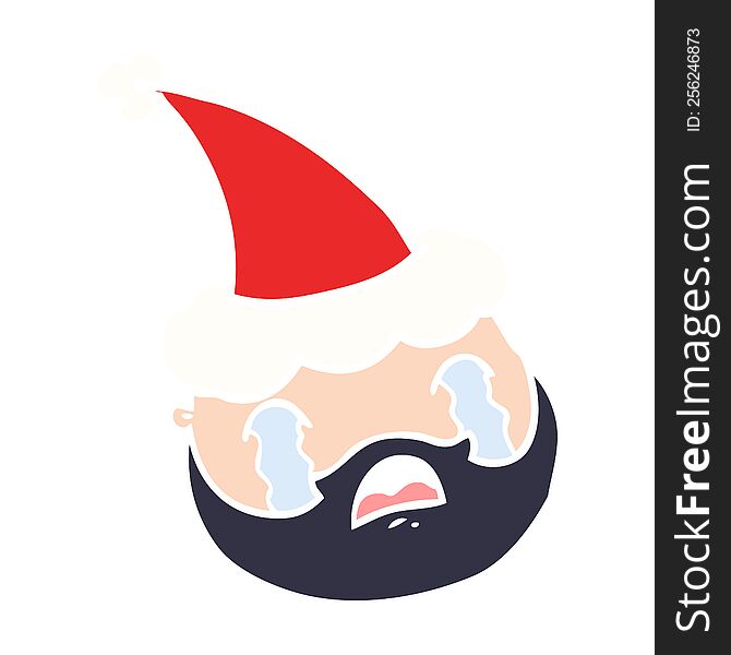 hand drawn flat color illustration of a male face with beard wearing santa hat