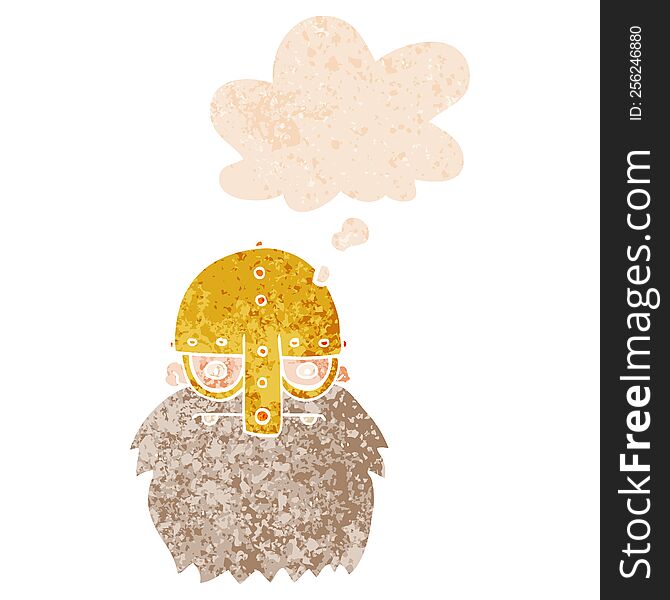 Cartoon Viking Face And Thought Bubble In Retro Textured Style