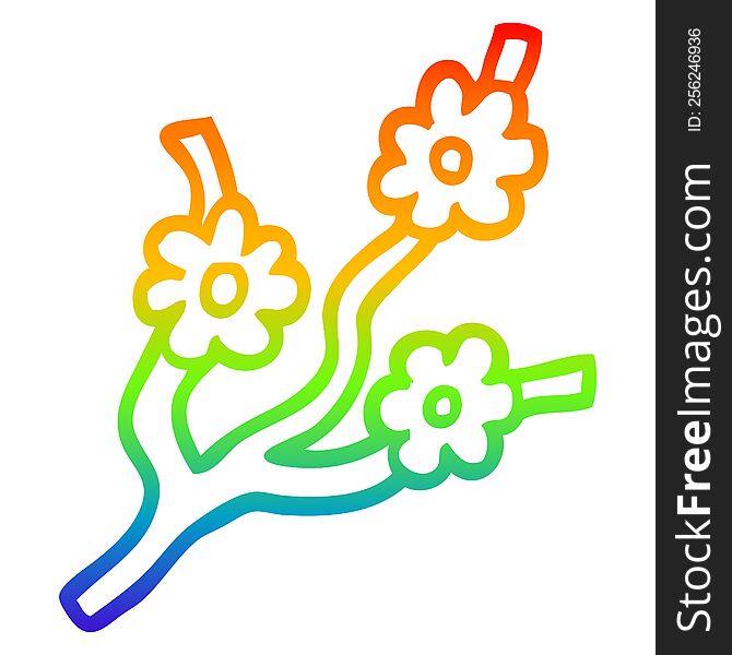 rainbow gradient line drawing of a cartoon branches with flowers